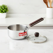 Max Fresh stainless steel saucepan with wooden handle and glass lid on white countertop
